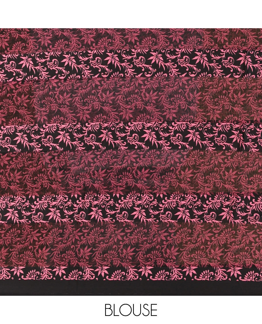 Borderless pink thick satin striped and feather like floral motifs printed satin crepe saree, floral vine printed blouse