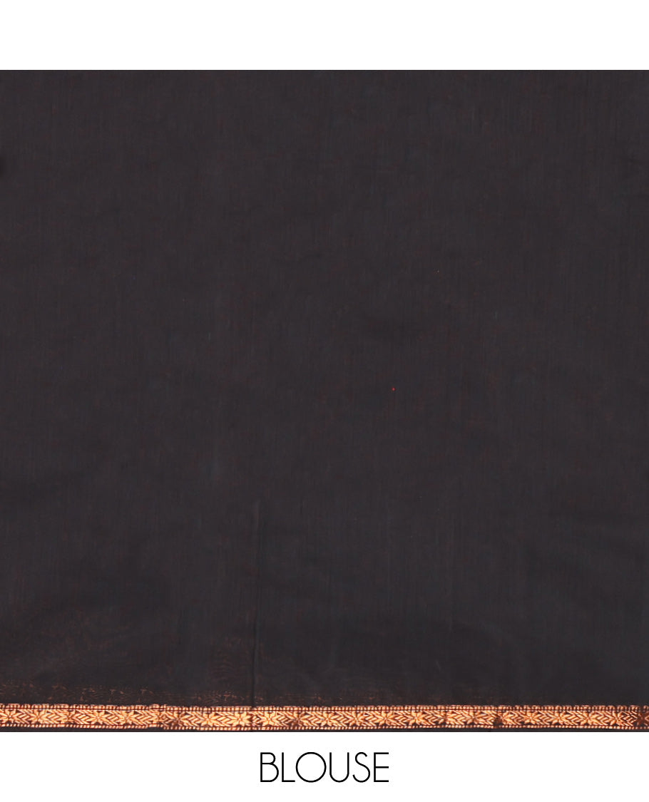 Red Maheshwari Cotton Saree, Spotlighted with Buttas All Over Its Body, Subtle Zari Piping Border, Complemented by a Contrast Pallu Steeped with Buttas, and Paired with a Contrast Blouse