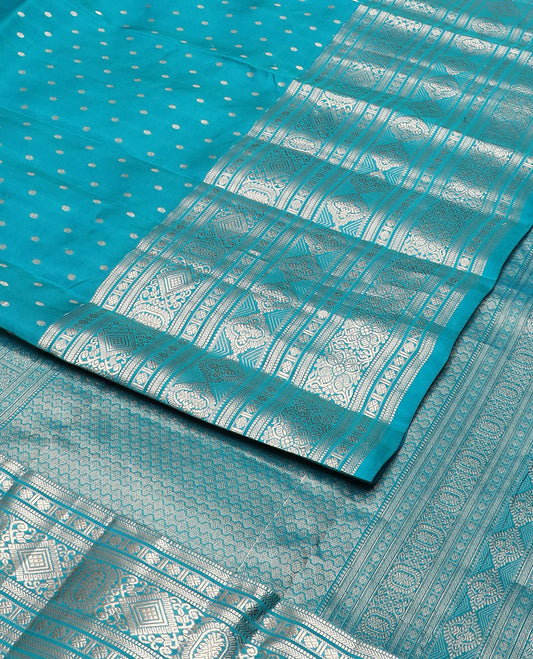 Blue zari buttas vasundhara silk mix saree, intricate pallu & border of muthu,kathir,rudraksham, diamond,4-petal flower & floral designs