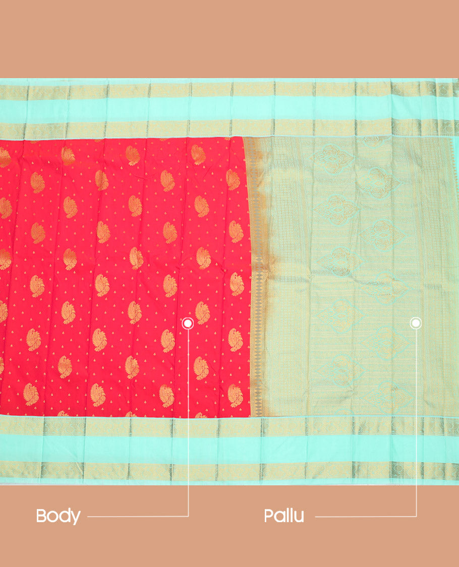 Red Budget Silk Saree, Decorated with Zari Buttas, Complemented by a Contrast Traditional Zari Rettai Pettu Border, Grand Pallu, and Contrast Blouse