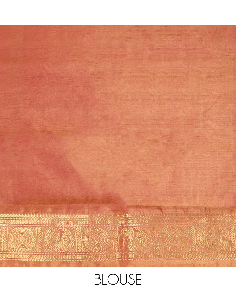 Sandal Banana Pith Saree, Highlighted by Buttas All Over Its Body, Complemented by a Contrast Traditional Zari Border of Peacock-Chakram Designs, Pallu Features Stripes, and Paired with a Contrast Blouse