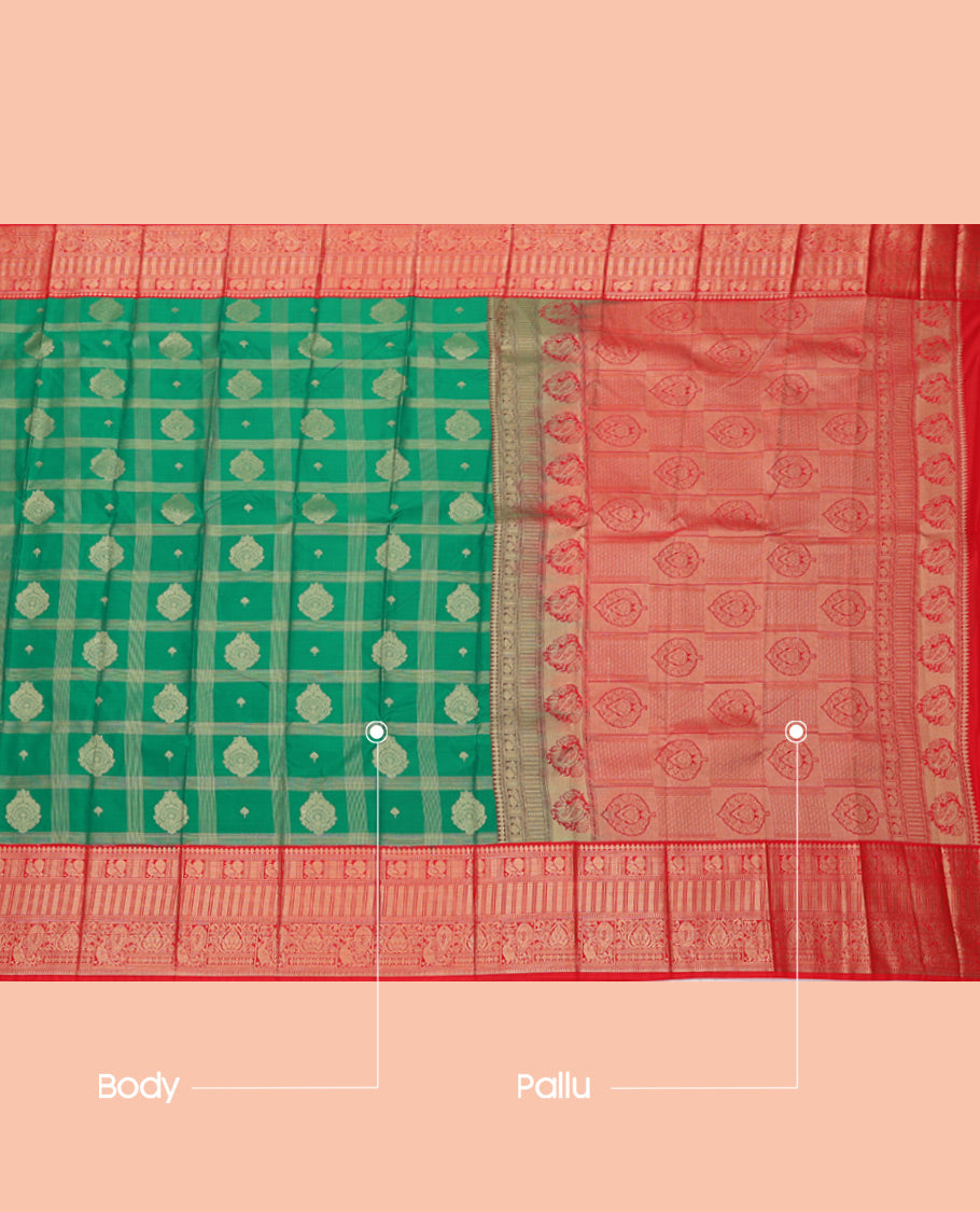 Green Budget Silk Saree, Sparsely Threaded with Zari Butta Enclosed Checks, Complemented by Contrast Traditional Zari Border, Grand Pallu, and Contrast Blouse