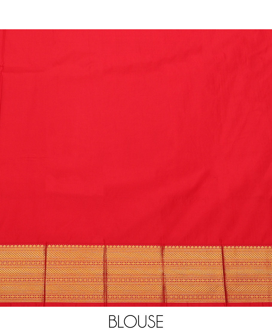 Green Budget Silk Saree, Detailed with Zari Buttas and Stripes, Complemented by a Contrast Traditional Border, Geometric Pallu, and a Contrast Blouse