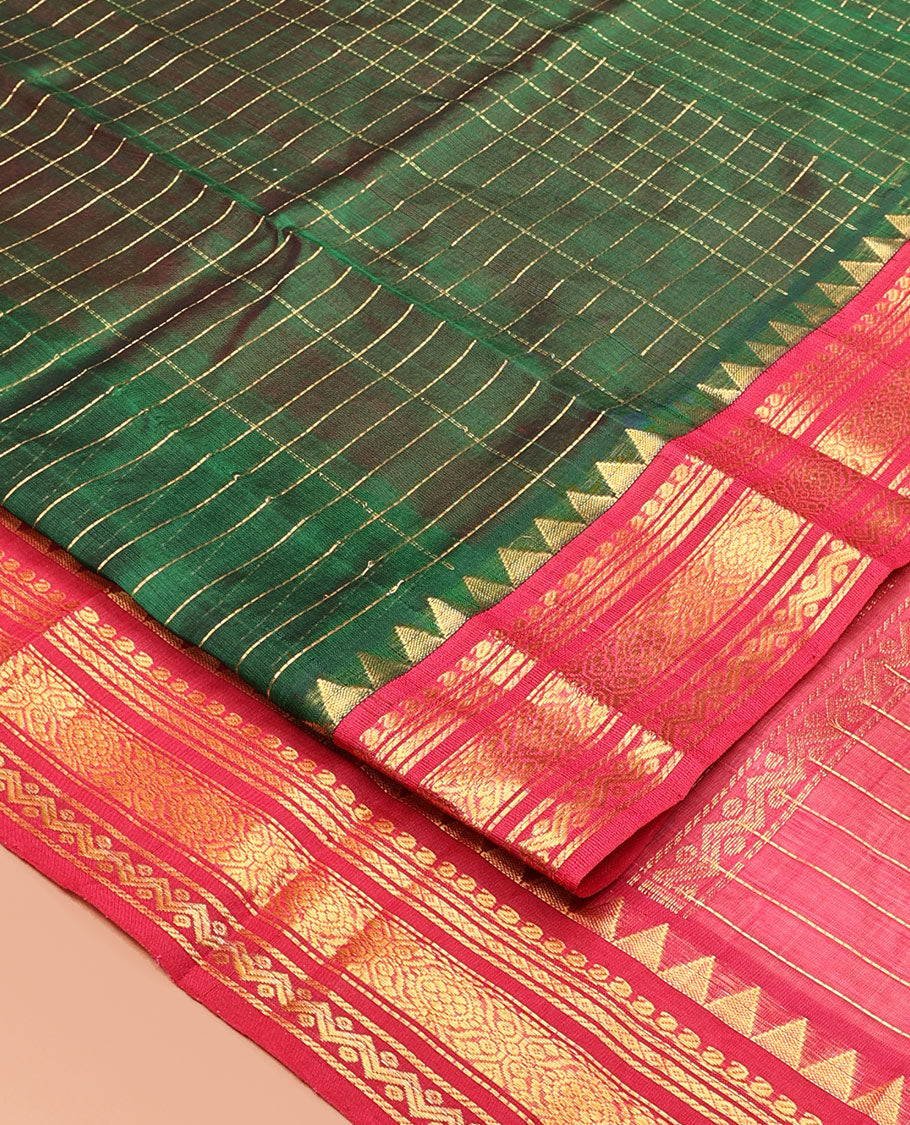 Green Zari Checked Kuppadam Silk Saree, a Contrast Traditional Zari Temple Border, Grand Pallu, a Contrast Blouse