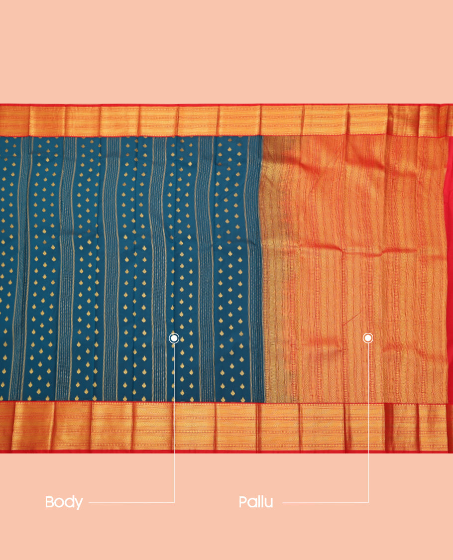 Blue Budget Silk Saree, Adorned with Zari Buttas, Complemented by a Contrast Traditional Zari Border, Geometric Pallu, and a Contrast Blouse