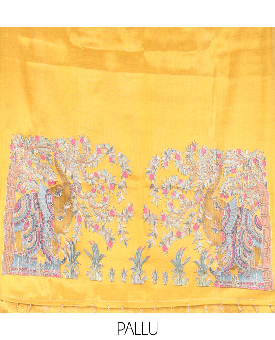 Borderless Gold Tissue Saree, Spotlighted with Colorful Tree-Elephant Motif Printed with Outline Embroidery on Its Body, and Paired with a Readymade Elbow-Sleeve Round-Neck Blouse