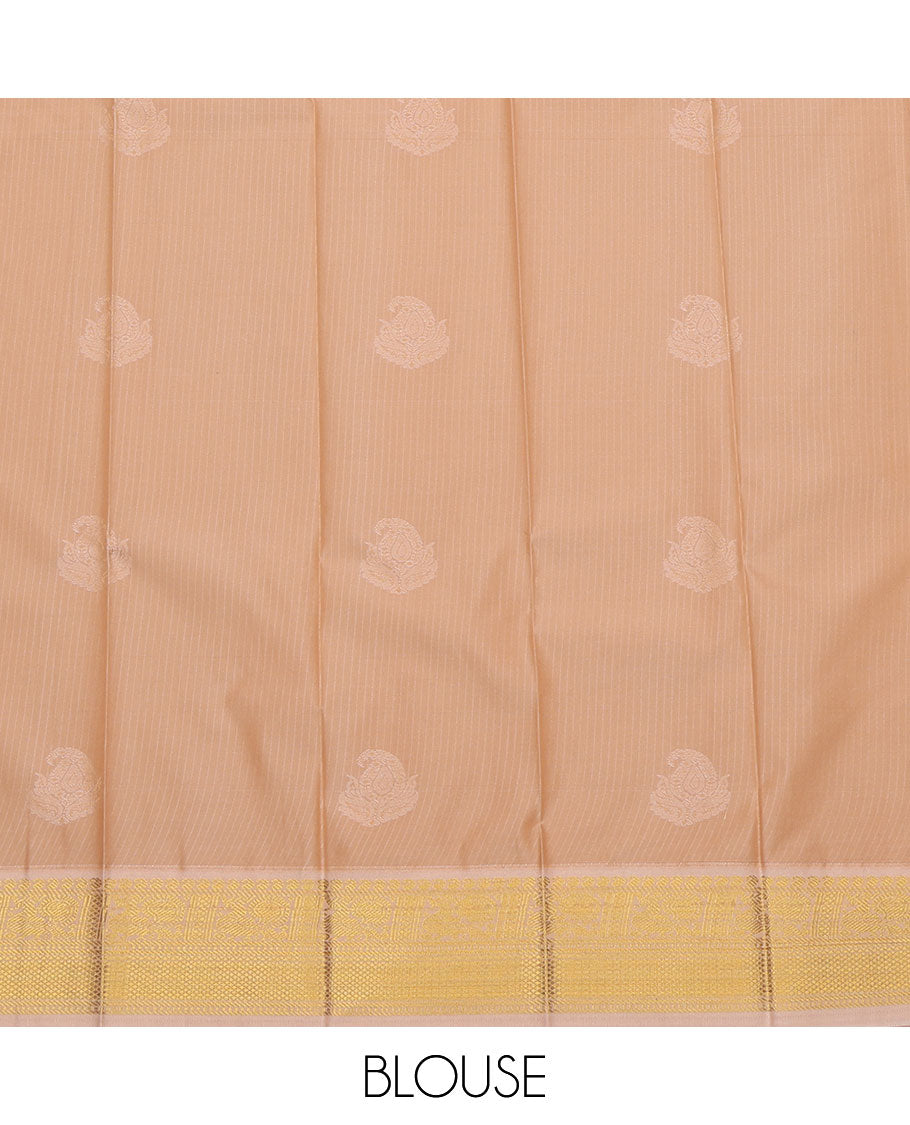 Blue Budget Silk Saree, Charmingly Accented with Stripes and Paisley Buttas on Its Body, Complemented by a Contrast Traditional Zari Design Border of Peacocks, Pallu of Jaal Designs, and Paired with a Contrast Blouse