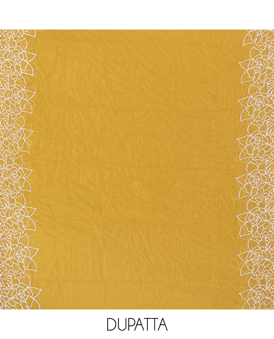 Yellow Organza Crushed Material Churidar Set, Elegantly Adorned with Floral-Themed Thread Embroidery Top, Comes with a Plain Santoon Bottom, and Is Paired with Organza Crushed Dupatta of Floral Thread Embroidery