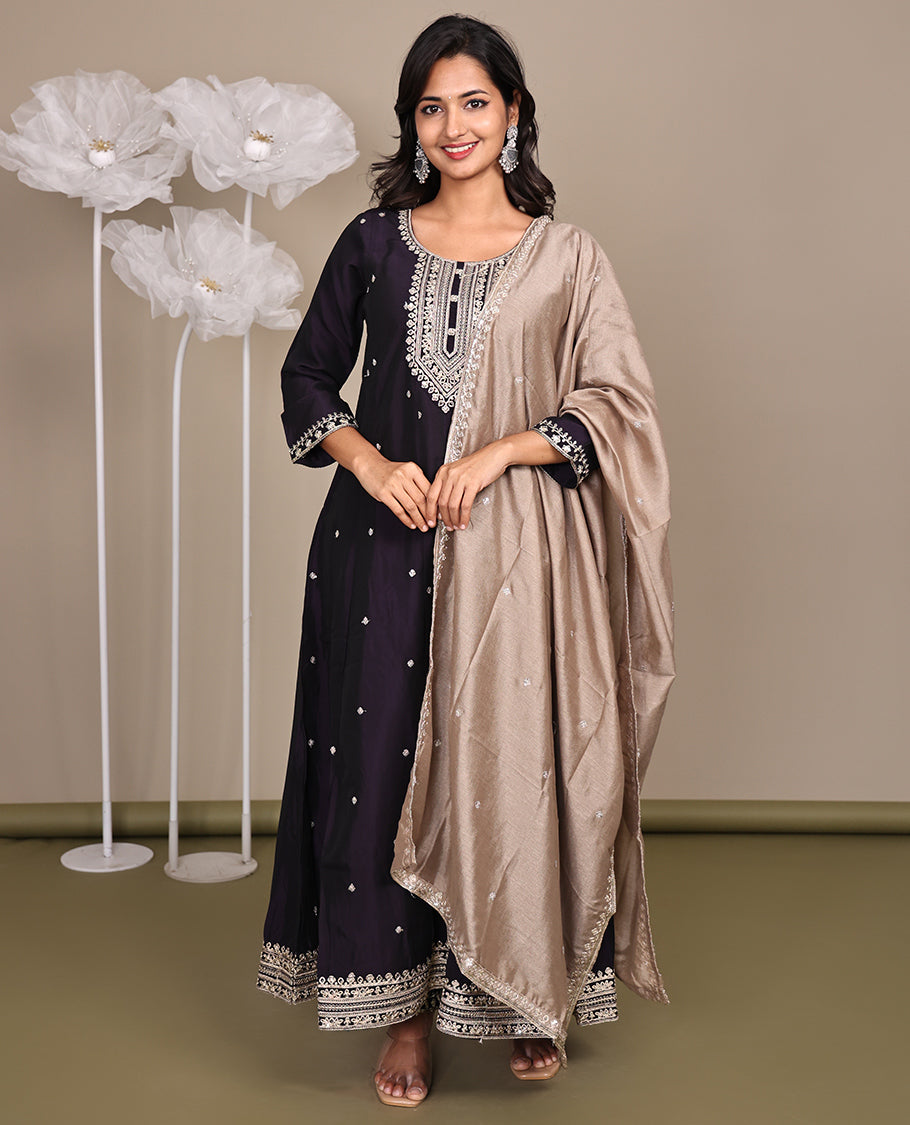 Purple Ready-Made Rayon Suit, Spotlighted with Embroidered Round-Neckline, 3/4 Sleeves, and an A-Line Top, Paired with Straight-Cut Pants and a Contrast Embroidered Dupatta