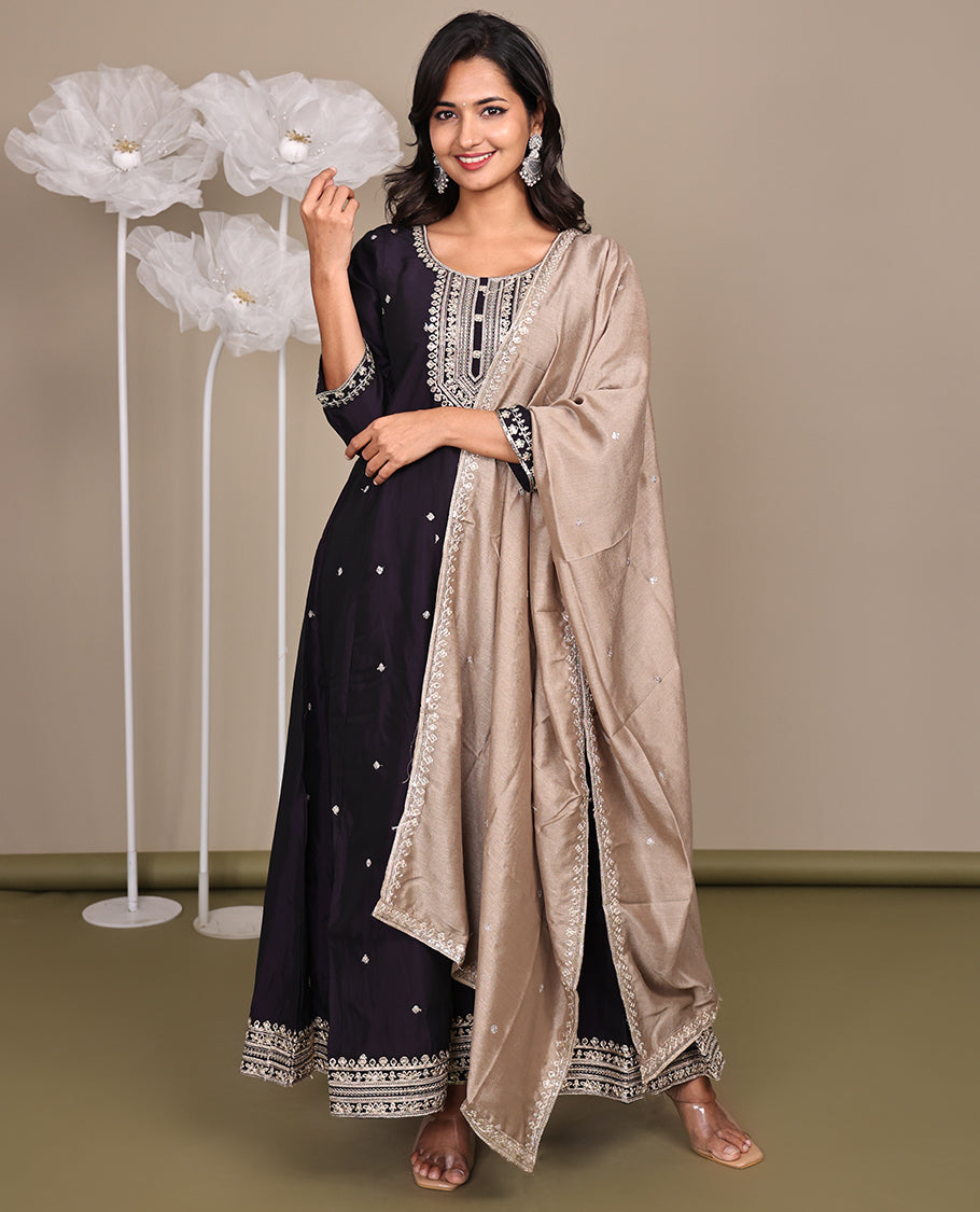 Purple Ready-Made Rayon Suit, Spotlighted with Embroidered Round-Neckline, 3/4 Sleeves, and an A-Line Top, Paired with Straight-Cut Pants and a Contrast Embroidered Dupatta