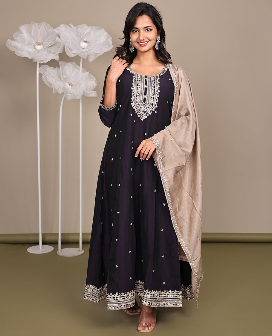 Purple Ready-Made Rayon Suit, Spotlighted with Embroidered Round-Neckline, 3/4 Sleeves, and an A-Line Top, Paired with Straight-Cut Pants and a Contrast Embroidered Dupatta