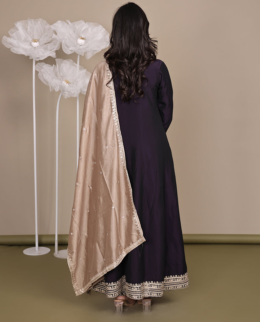 Purple Ready-Made Rayon Suit, Spotlighted with Embroidered Round-Neckline, 3/4 Sleeves, and an A-Line Top, Paired with Straight-Cut Pants and a Contrast Embroidered Dupatta
