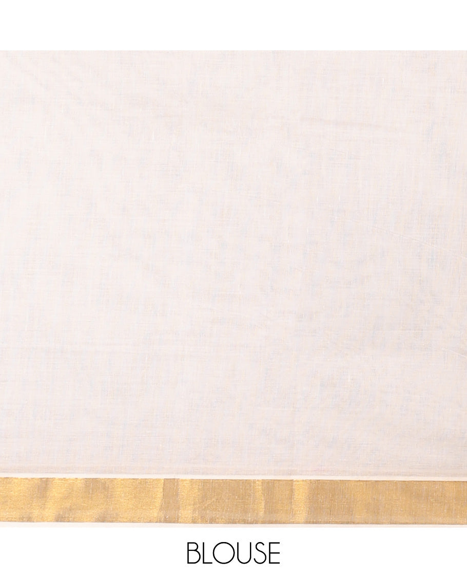 Cream kerala saree with zari stripes, zari border & pallu of peacock zari designs