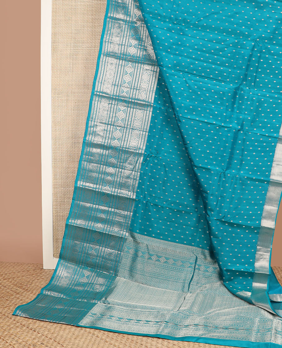 Blue zari buttas vasundhara silk mix saree, intricate pallu & border of muthu,kathir,rudraksham, diamond,4-petal flower & floral designs