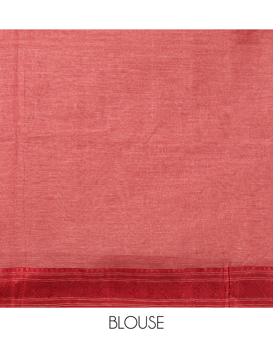 Red Bengal Cotton Saree, Woven with Buttas All Over Its Body, Complemented by a Contrast Thread Design Border, Pallu of Buttas and Stripes, and Paired with a Matching Blouse