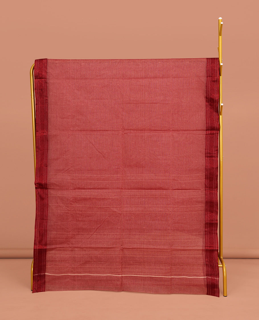 Red Bengal Cotton Saree, Woven with Buttas All Over Its Body, Complemented by a Contrast Thread Design Border, Pallu of Buttas and Stripes, and Paired with a Matching Blouse