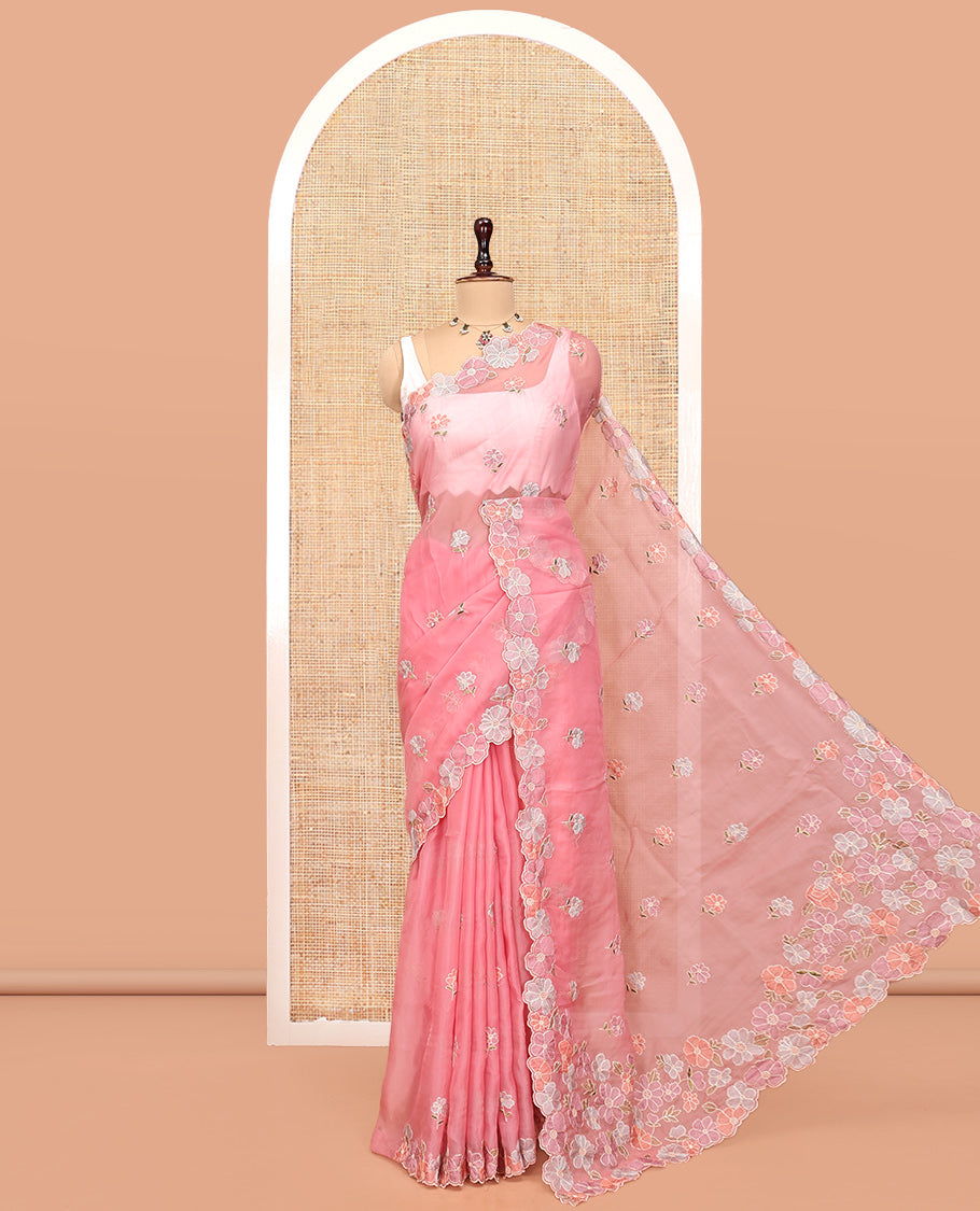 Pink Organza Saree, Impeccably Styled with Flower-Color Thread Embroidery, a Scallop Border, and a Matching Blouse