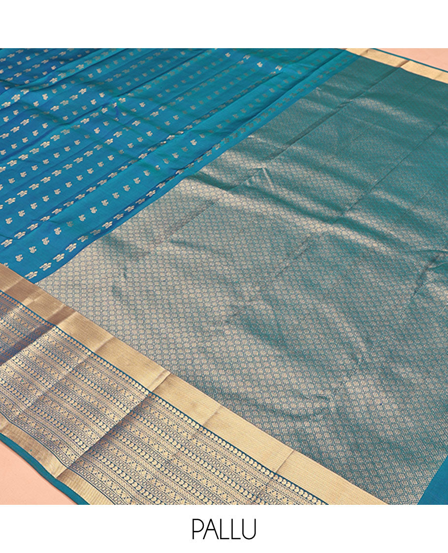 Blue Vasundhara Lite Silk Mix Saree, Steeped with the Richness of Zari Buttas All Over Its Body, Highlighted by Zari Border of Manga, Muthu, and Kodi Visiry Designs, Grand Jaal Pallu and Paired with a Matching Blouse