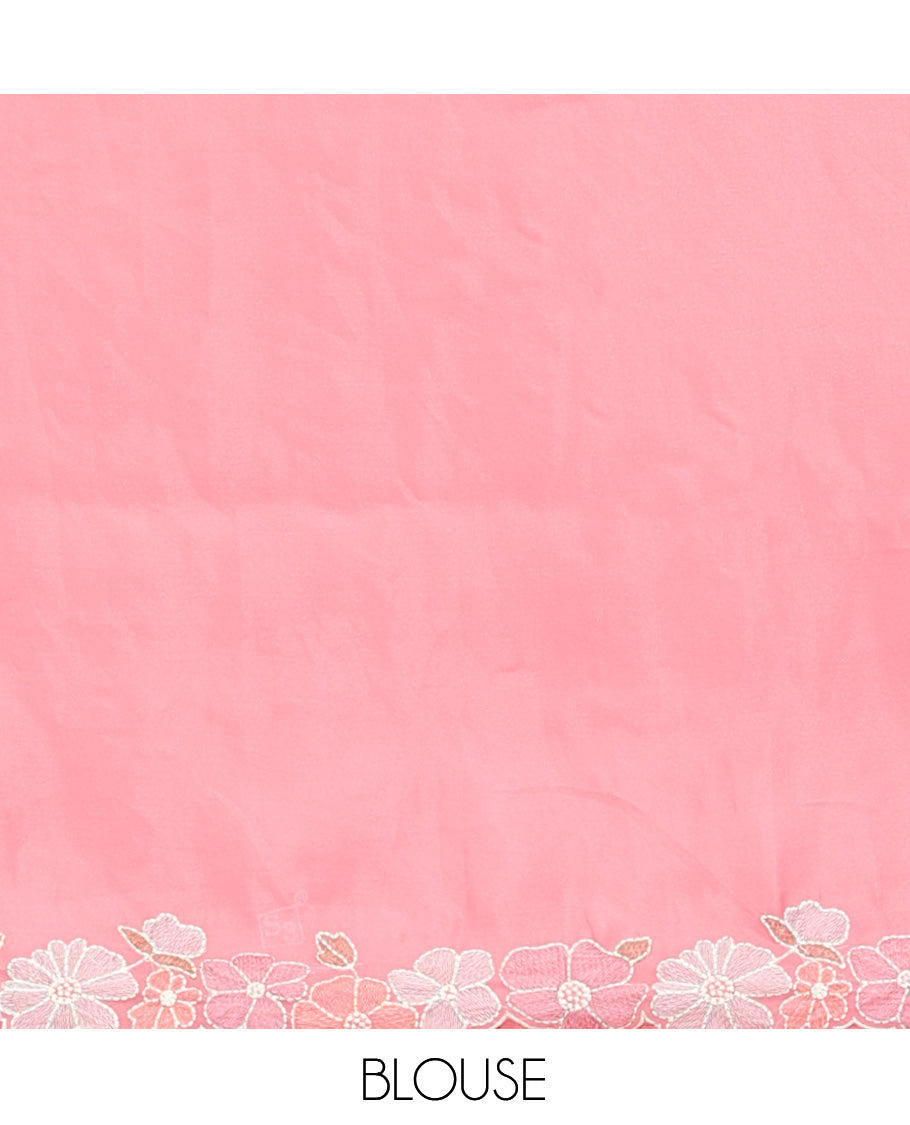 Pink Organza Saree, Impeccably Styled with Flower-Color Thread Embroidery, a Scallop Border, and a Matching Blouse