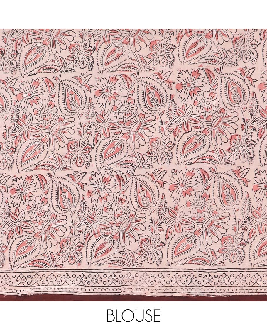 Brown leaf design machine-printed kalamkari cotton saree with contrast geometric design border & floral design pallu