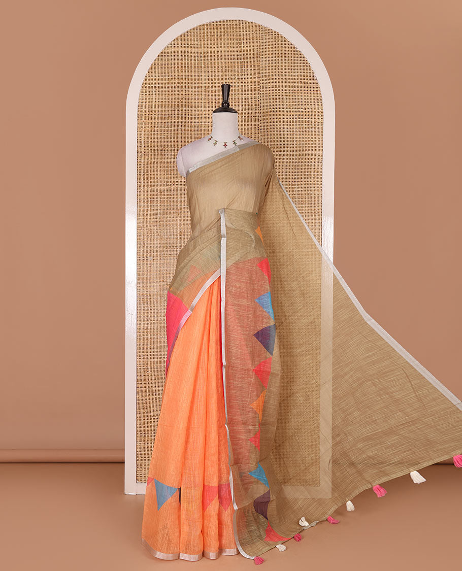 Multi-colored plain with triangle motifs linen cotton saree, silver zari border, plain with tassels, and a contrast silver zari bordered blouse