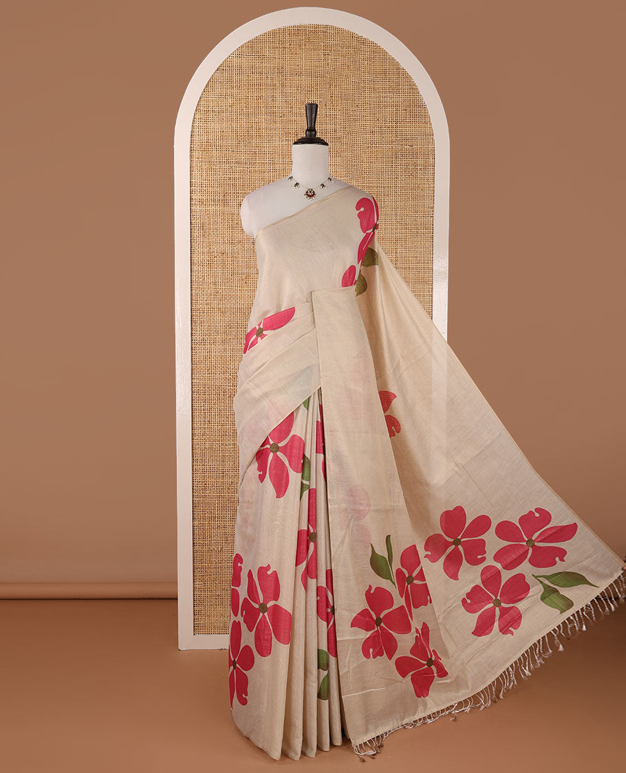 Borderless cream printed onam tissue silk saree features hot pink color five-petal flower & leaf motifs print, matching floral print blouse
