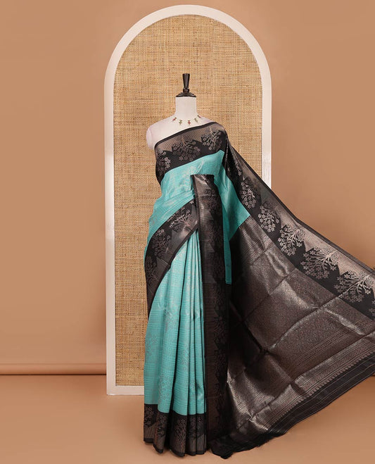 Sea blue zari checked & floral buttas kanchi silk saree,contrast satin border of floral zari motifs,intrictae pallu & contrast plain blouse