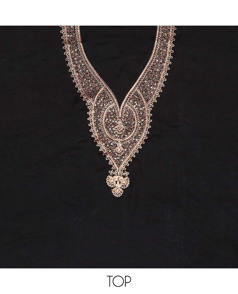 Black chudidhar material set floral embroidered top, plain bottom & floral embroidered dupatta