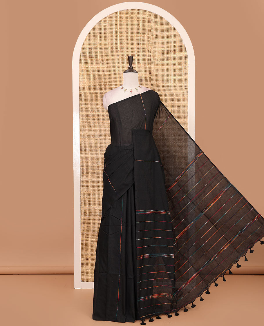 Borderless Black vertical multi-color thread striped khadi jute linen saree, striped pallu & matching plain blouse