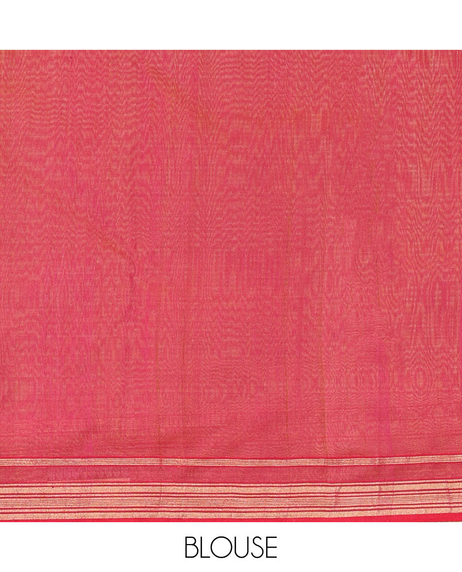 Red floral design chanderi cotton saree with self zari border & striped, floral design pallu