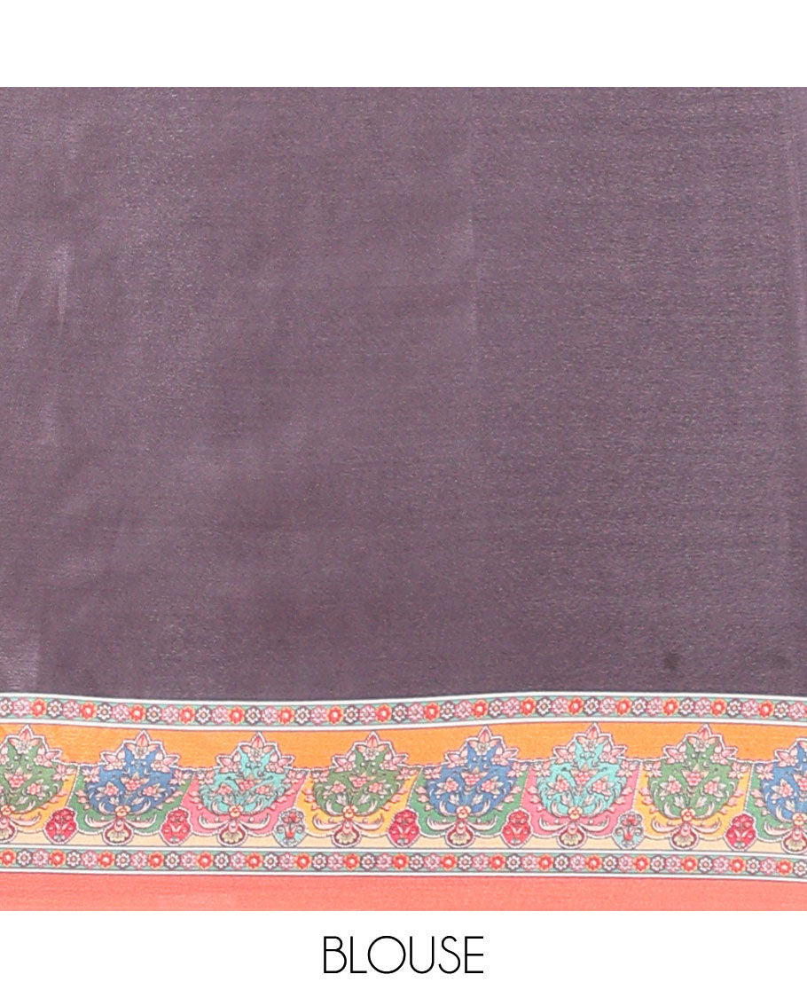 Multi-color printed, mirror work synon silk saree with printed border & printed rich pallu along with plain blouse