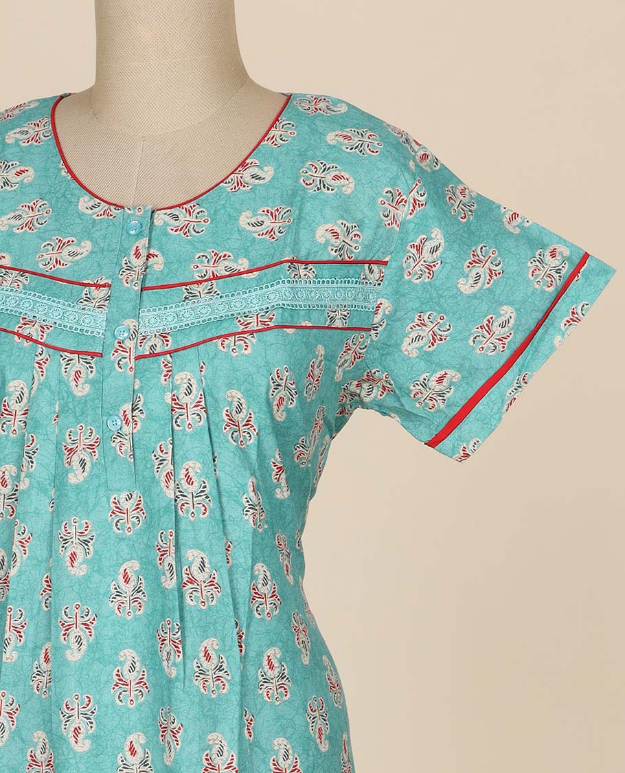 Sea green floral printed & round neck cotton half-sleeve nighty