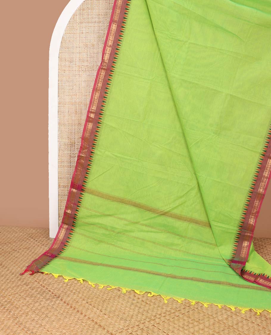 Green chettinad cotton saree with contrast zari design, temple border & striped pallu