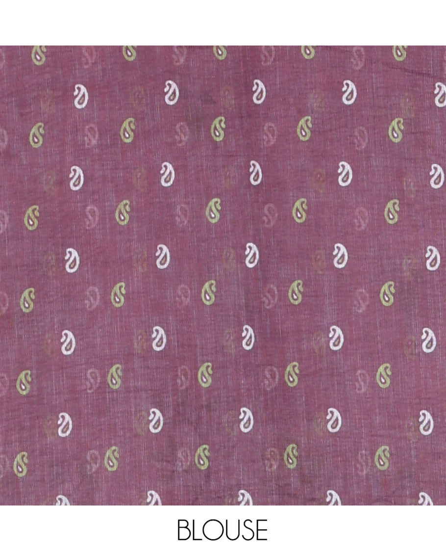 Pink Linen Cotton Saree, Elevated with Floral Vine Print and Mirror Work On Its Body, Subtle Piping Border, Pallu Steeped with Stripes, and Comes With a Contrast Blouse