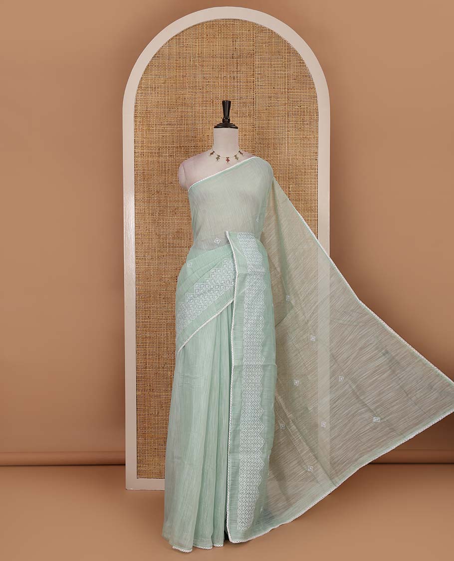 Green diamond patterns white resham thread embroidered mercerised cotton saree, lace border, and matching plain blouse