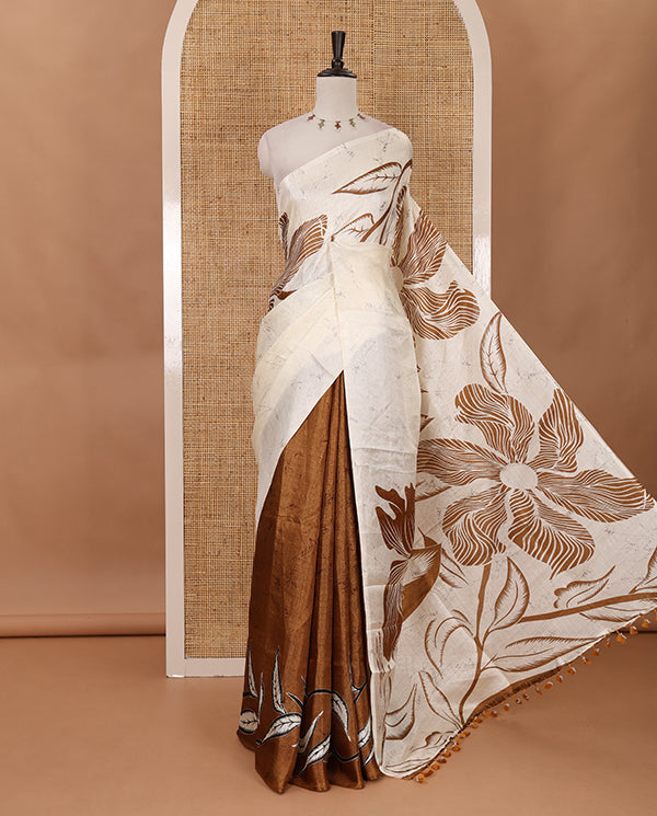 Borderless cream-mustard batik-style floral printed khadi cotton saree, printed pallu & printed blouse