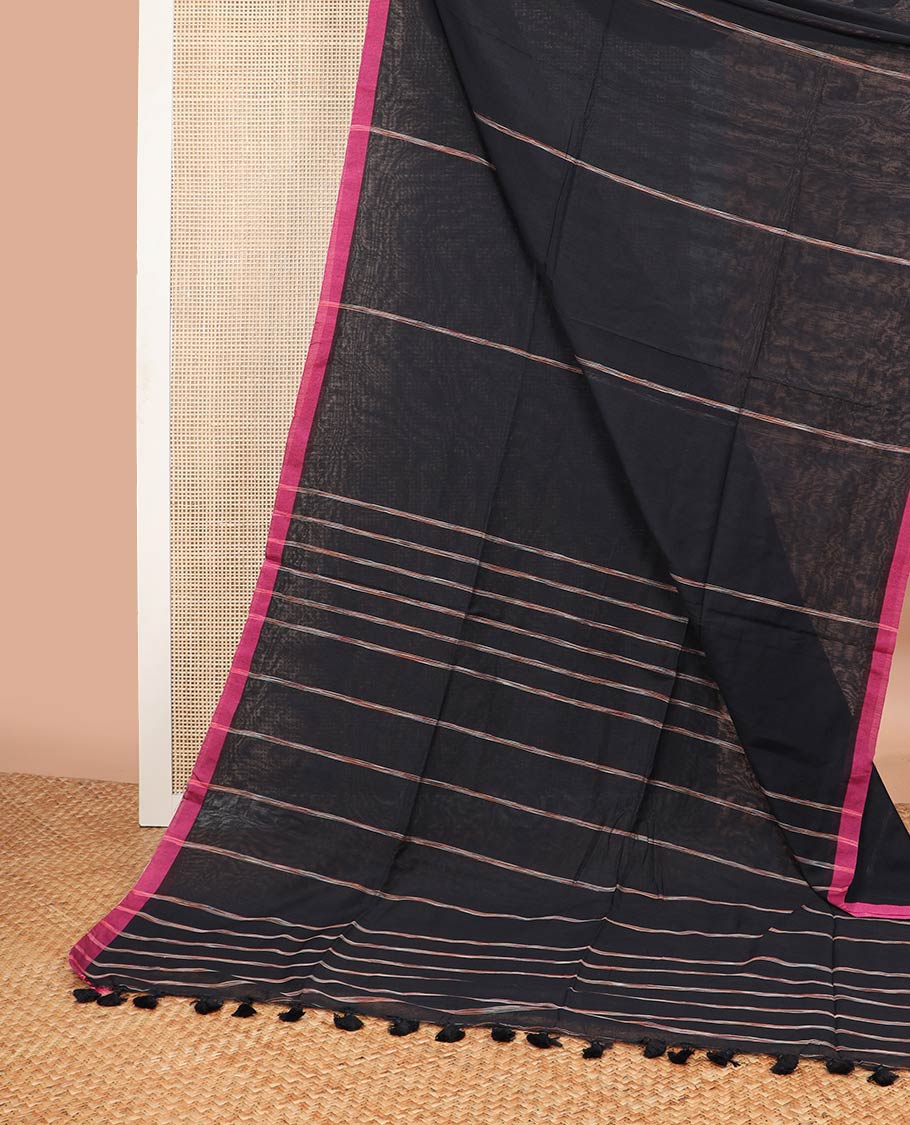 Black striped khadi cotton saree with contrast striped border
