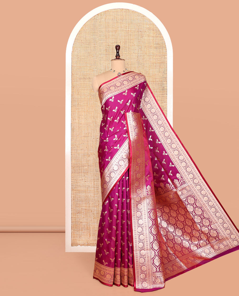 Pink Banarasi Nylon Saree, Detailed with Buttas, a Floral Creeper Zari Border, Intricate Pallu, and a Matching Blouse