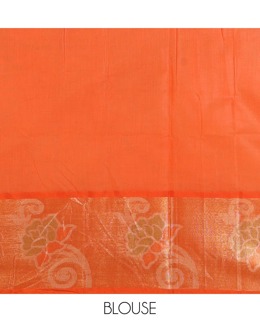 Cream pochampally-style floral thread-woven chanderi cotton saree, contrast floral zari border & floral design pallu, plain blouse