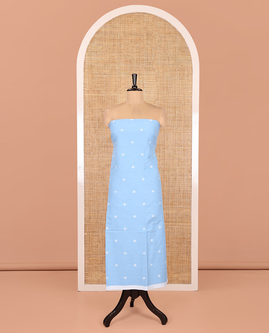 Sky Blue Handloom Cotton Material Chudidar, Buttas Woven Top, a Plain Bottom, and Contrast Dupatta