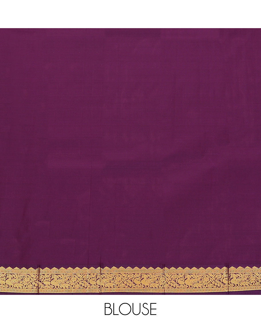 Lavender Budget Silk Saree, Majestically Detailed with Zari Buttas on Its Body, Complemented by a Traditional Zari Border of Peacocks, Geometric Textured Pallu, and Paired with a Contrast Blouse
