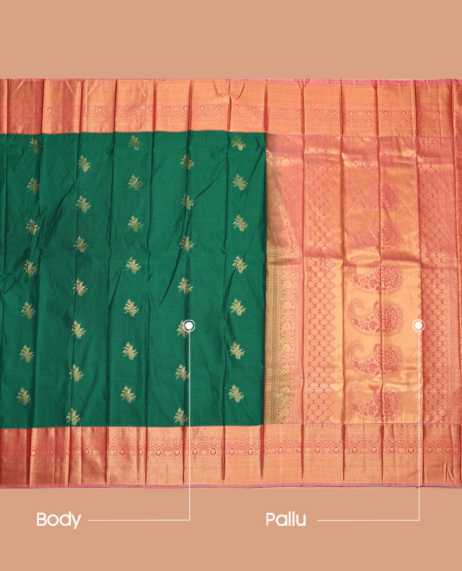 Green Budget Silk Saree, Embellished with Zari Buttas, Complemented by a Contrast Traditional Border, Grand Pallu, and a Contrast Blouse