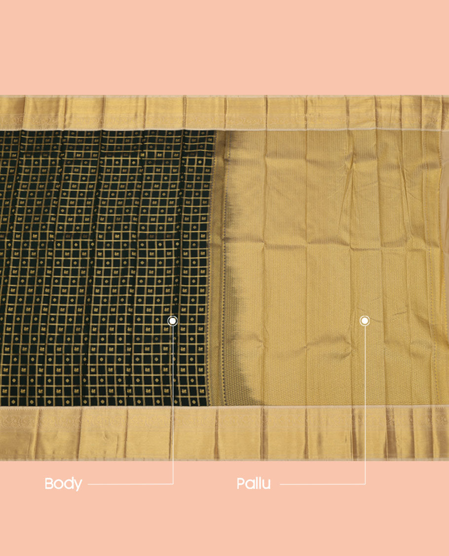 Green Budget Silk Saree, Gleamed Up with Zari Butta Enclosed Checks on Its Body, Complemented by a Contrast Traditional Zari Border, Grand Jaal Pallu, and Paired with a Contrast Blouse