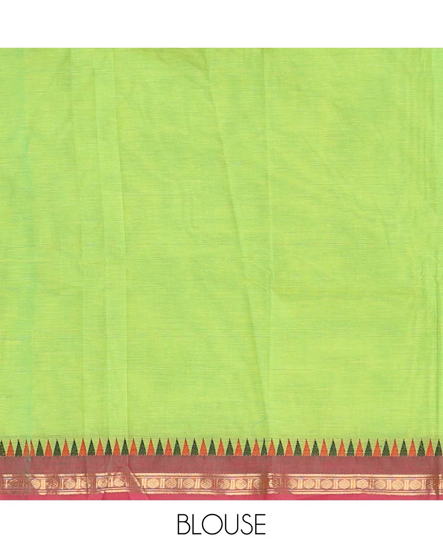 Green chettinad cotton saree with contrast zari design, temple border & striped pallu