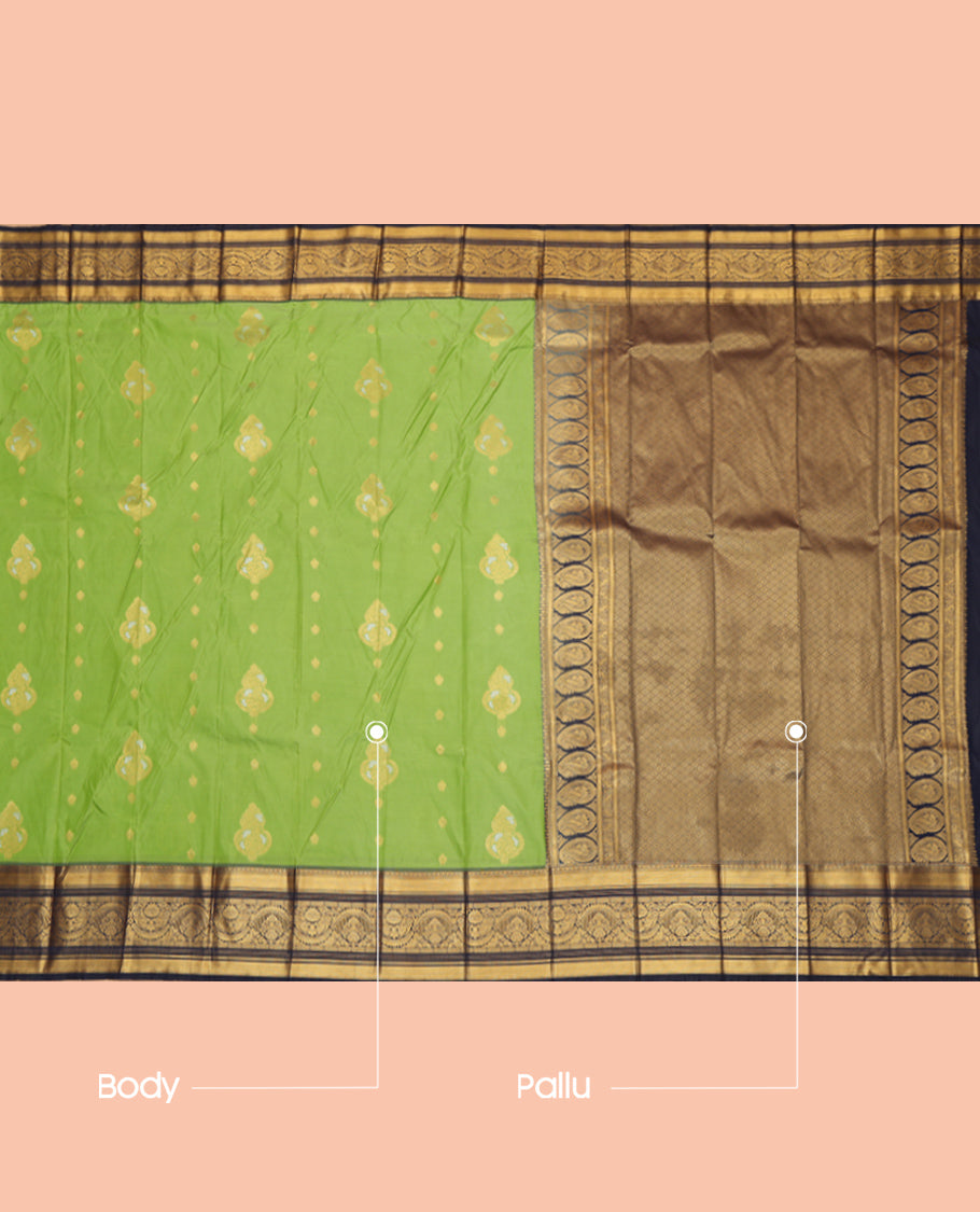 Green Budget Silk Saree, Highlighted by Zari Buttas, Complemented by Contrast Traditional Zari Border, a Jaal Pallu and a Contrast Blouse