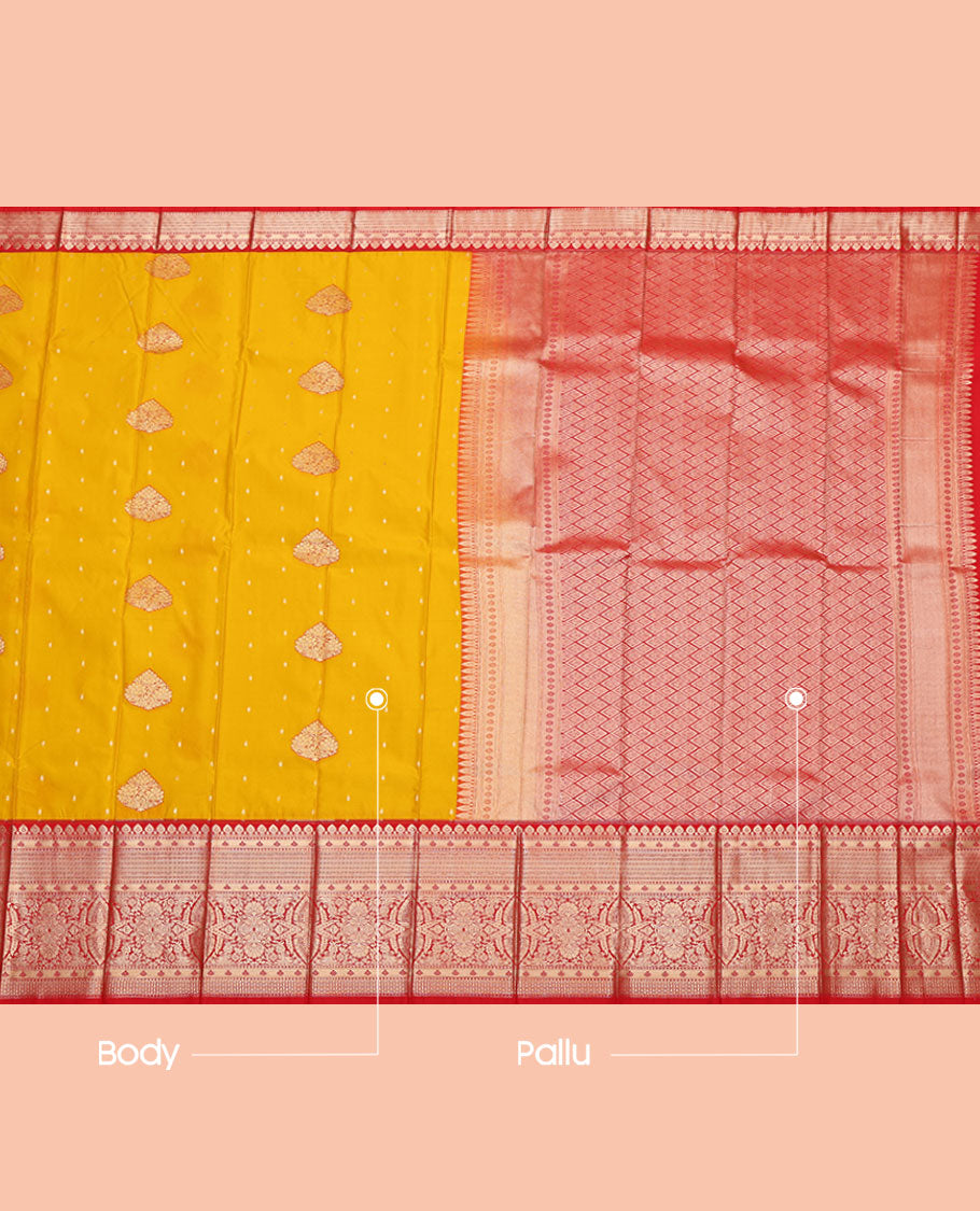 Yellow Budget Silk Saree, Mesmerized with Zari Buttas, Complemented by a Contrast Traditional Zari Border, Pallu of Jaal Designs, and a Contrast Blouse