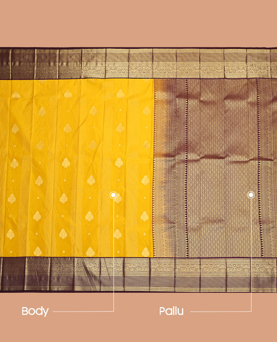 Mustard Budget Silk Saree, Sparsely Woven with Zari Buttas and Stripes, Captivating Contrast Traditional Zari Design Border, Grand Pallu, and a Contrast Blouse