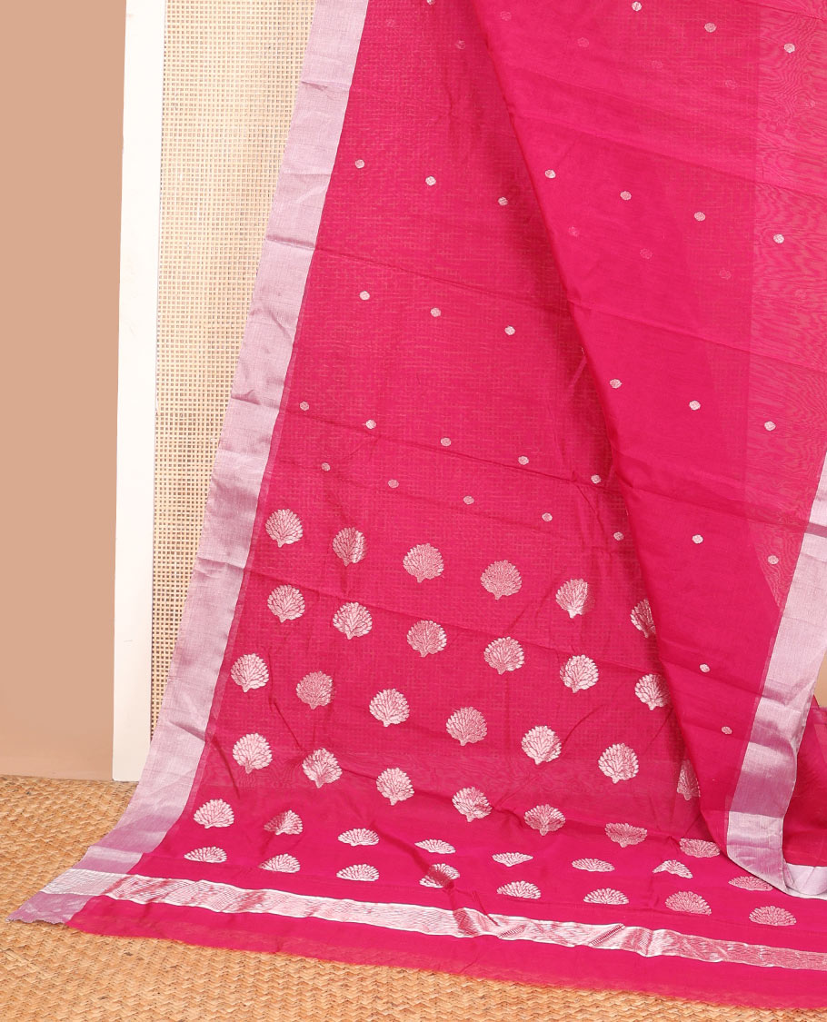 Purple floral motifs chanderi cotton saree with contrast zari border & striped pallu