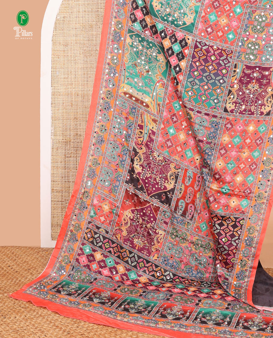 Multi-color printed, mirror work synon silk saree with printed border & printed rich pallu along with plain blouse