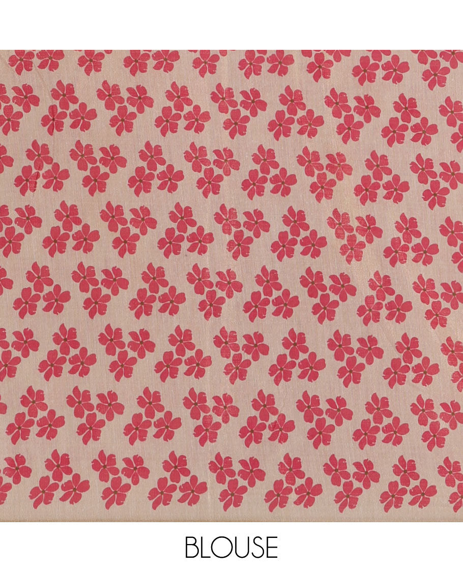 Borderless cream printed onam tissue silk saree features hot pink color five-petal flower & leaf motifs print, matching floral print blouse